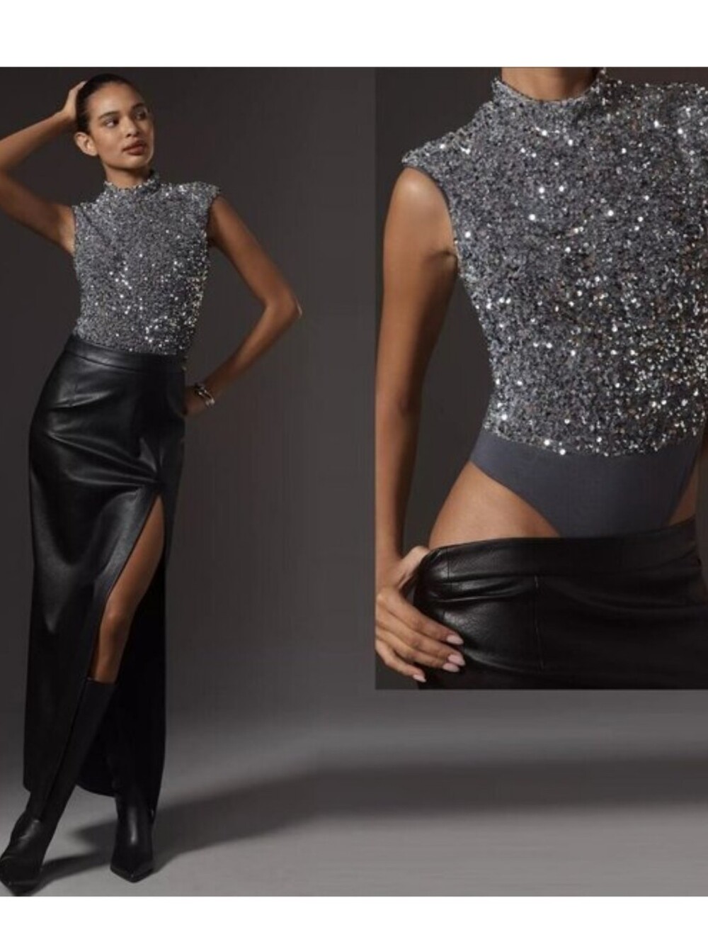Bardot Silver Sequin Mock Neck Bodysuit